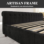AMERLIFE California King Size Platform Bed Frame, Velvet Upholstered Sleigh Bed with Scroll Wingback Headboard & Footboard/Button Tufted/No Box Spring Required/Black
