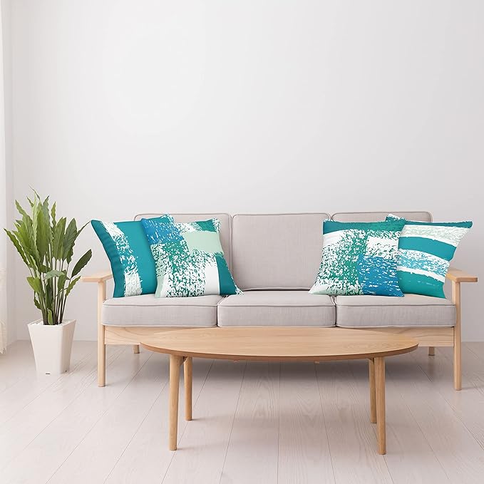 Ambesonne Grunge Throw Pillow Cushion Case Pack of 4, Abstract Design Simplistic Minimal Stripes Brushstrokes Contemporary, Modern Accent Double-Sided Digital Printing, 18", Teal Blue and Mint Green