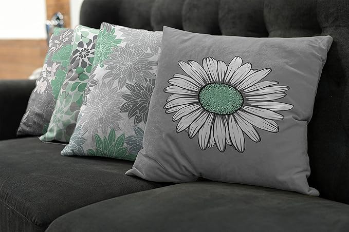 Ambesonne Floral Throw Pillow Cushion Case Pack of 4, Flower Petals Modern Color Palette Chamomile Peony Dahlia and Sunflower Print, Modern Accent Double-Sided Digital Printing, 24", Sea Green Grey
