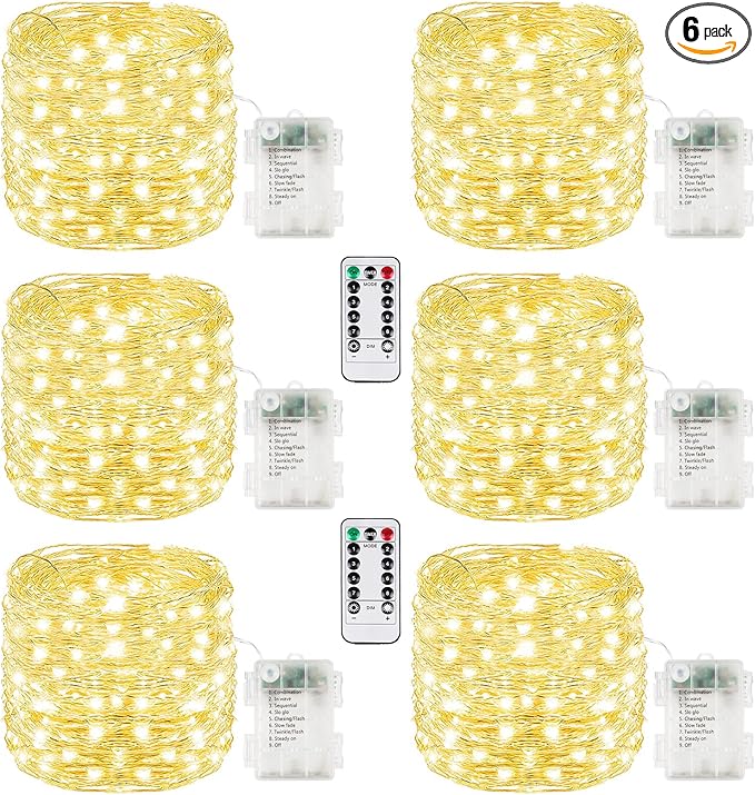6 Pack Christmas Fairy Lights Battery Operated with Remote, Each 33FT 100LED Waterproof Twinkle Lights with Timer, String Light Indoor & Outdoor for Bedroom Wedding Christmas Decorations (Warm White)
