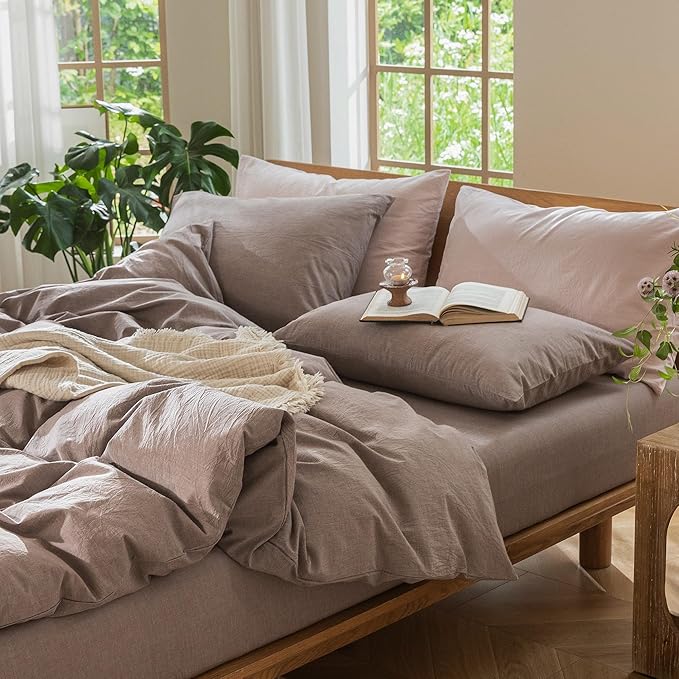 MooMee Bedding Duvet Cover Set 100% Washed Cotton Linen Like Textured Breathable Durable Soft Comfy (Heathered Mauve Brown, Cal King 104"x98")