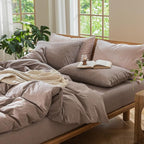 MooMee Bedding Duvet Cover Set 100% Washed Cotton Linen Like Textured Breathable Durable Soft Comfy (Heathered Mauve Brown, Palatial King/Oversized King 120"x98")