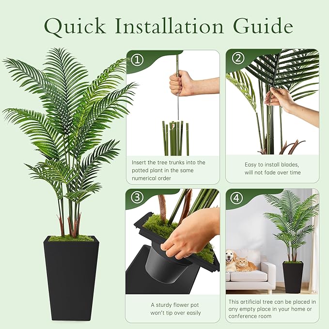 6FT Artificial Palm Tree, Tall Faux Palm Tree Indoor with Black Fake Plants Tall, Artificial Plants with Lifelike Leaves for Home Office Decor (Black)