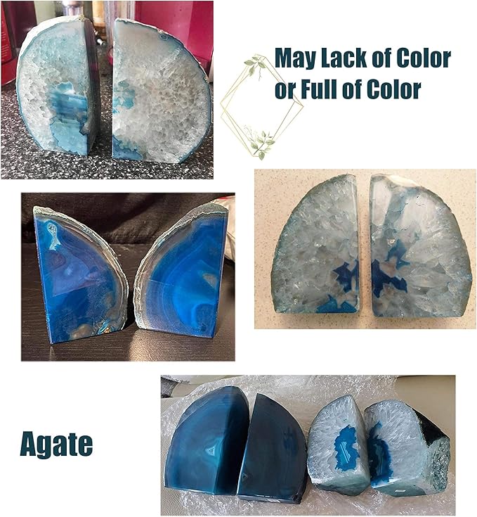 AMOYSTONE Bookends Agate Decorative Book Ends for Shelves Heavy Duty Crystal Stone Bookends Dyed Teal with Rubber Bumpers 1 Pair, 3-4 LBS