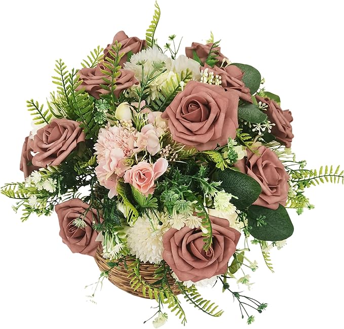 Artificial Rose Flowers 25pcs, Brown Foam Fake Rose Faux Flower for Wedding Bouquets Bridal Shower Centerpieces Floral Arrangements Home Decorations Party Backdrops Table