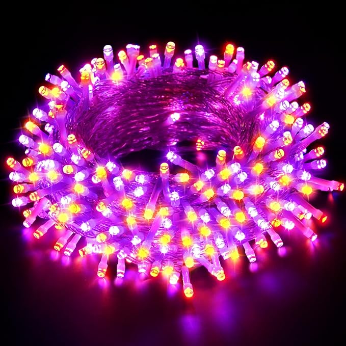 66Ft 200LED Orange and Purple Christmas Halloween Lights Plug in,Waterproof Halloween String Light,8 Modes Indoor Outdoor for Tree Party Bedroom Garden Decor (Clear Wire)