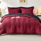 HYMOKEGE Red & Black California King Comforter Set Seersucker 7 Pieces, All Season Luxury Bed in a Bag for Bedroom, Bedding Set with Comforters, Sheets, Pillowcases & Shams