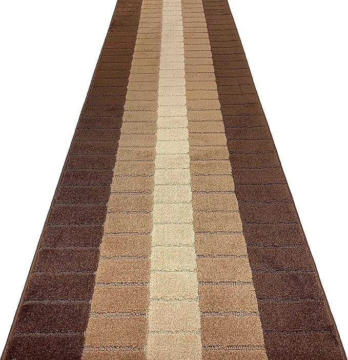 Custom Size Modern Geometric Pattern Carpet Runner Rug for Hallways, Slip Resistant Latex Rubber Backed, 31 inch Wide X Customized Length, Squares Brown, 31 inch X 3 feet, Doormat Size