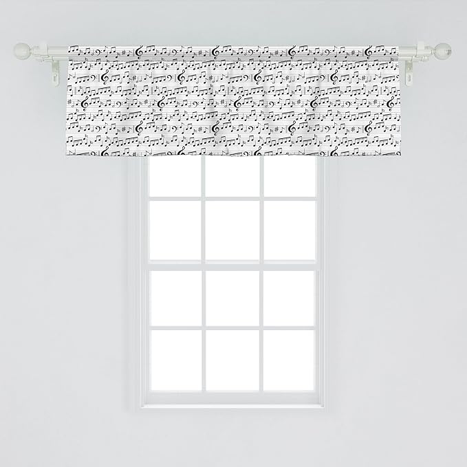 Ambesonne Music Window Valance, Abstract Style Professional Pattern Notes and Clef Sheet Play Writing Print, Curtain Valance for Kitchen Bedroom Decor with Rod Pocket, 54" X 18", Black White