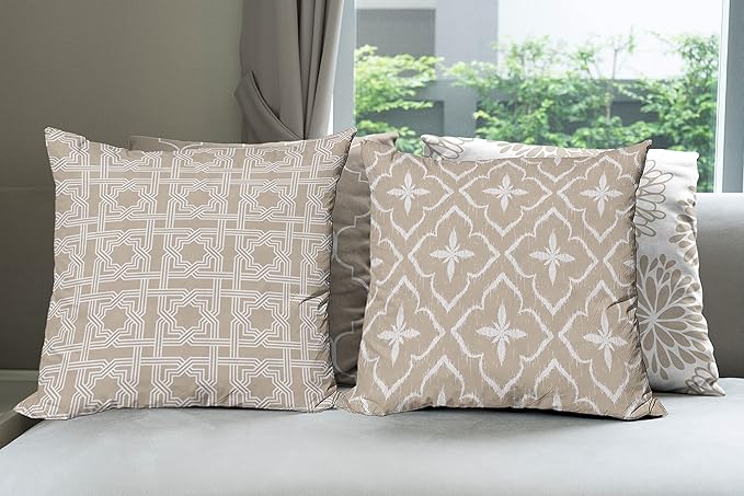 Ambesonne Vintage Throw Pillow Cushion Case Pack of 4, Monochrome Design Grid Trellis Quatrefoil Mesh and Dahlia Flowers Modern Print, Modern Accent Double-Sided Digital Printing, 18", Tan and White