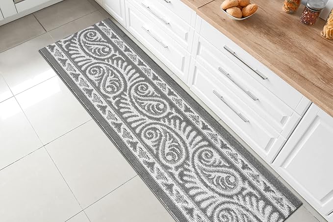 Custom Length Cut to Size Tribal Ethnic Southwestern Inspired Hallway Runner Rug, Non Slip Rubber Backed, 31 inch Wide X Customized Length, Mayan Grey, 31 inch X 21 feet