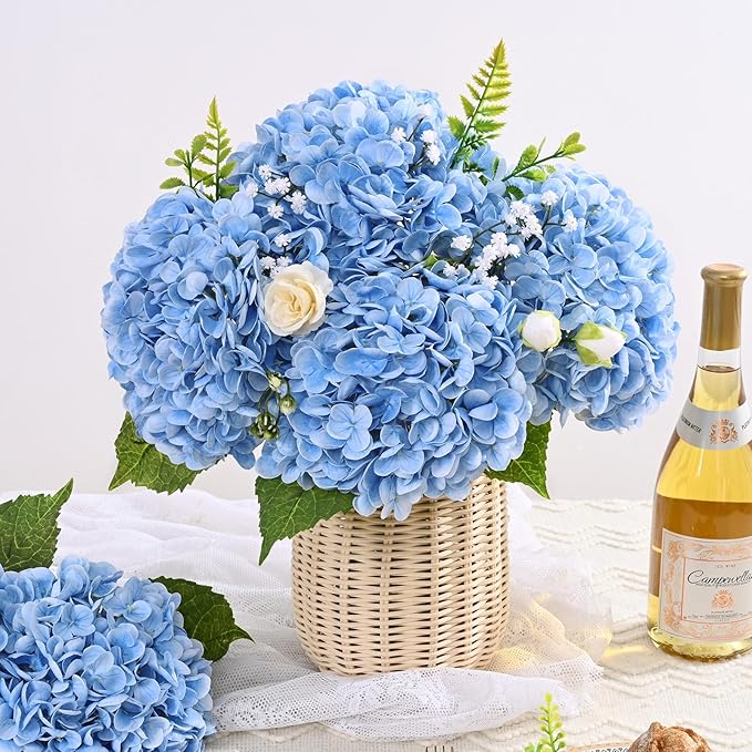 3 Pcs Real Touch Hydrangea Artificial Flowers, 21" Blue Full Faux Hydrangea Flowers Latex Fake Flowers for Home Decor Party Floral Arrangements Wedding Bouquets Centerpieces Outdoor Decor