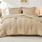 HYMOKEGE Khaki King Size Comforter Set Seersucker 7 Pieces, All Season Luxury Bed in a Bag for Bedroom, Bedding Set with Comforter, Sheets, Pillowcases & Shams
