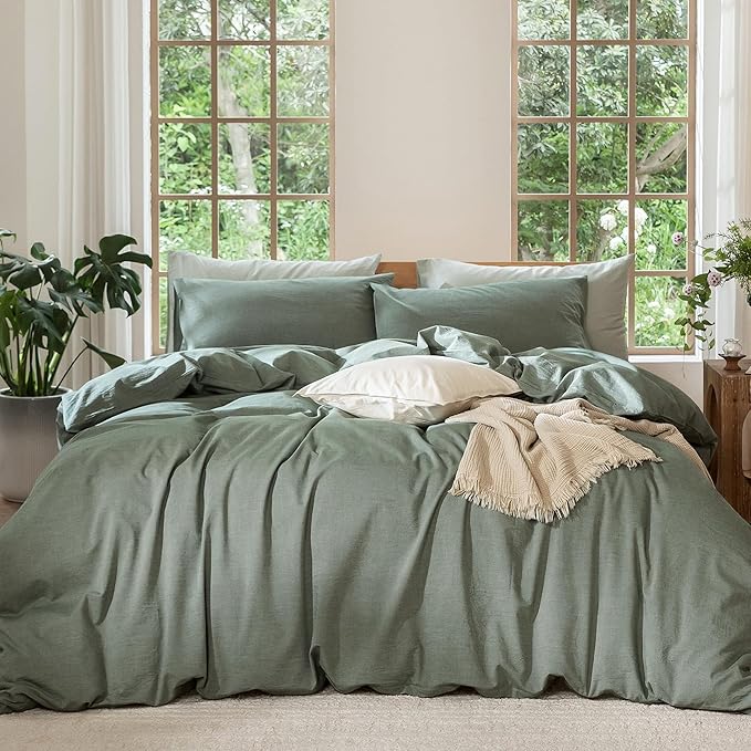 MooMee Bedding Duvet Cover Set 100% Washed Cotton Linen Like Textured Breathable Durable Soft Comfy (Heathered Green, Palatial King/Oversized King 120"x98")