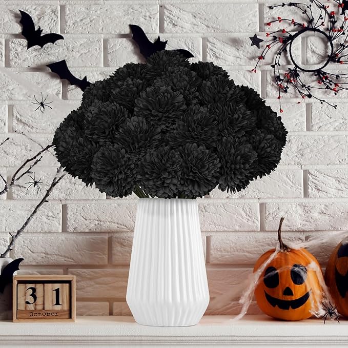 36 Pcs Black Artificial Chrysanthemums Flowers Ball Flower Silk Fake Mums Flowers for Halloween Ghothic Home Decor Indoor Floral Arrangement Table Centerpiece