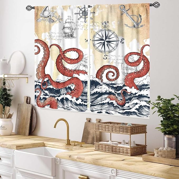 Nautical Octopus Curtains, Coastal Old Pirate Map Sailboat Compass Ocean Wave Kraken Octopus Tentacles Vintage Window Drapery Treatment for Bedroom Living Room Kitchen Bathroom 2 Panels, 55x39 Inch
