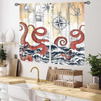 Nautical Octopus Curtains, Coastal Old Pirate Map Sailboat Compass Ocean Wave Kraken Octopus Tentacles Vintage Window Drapery Treatment for Bedroom Living Room Kitchen Bathroom 2 Panels, 55x39 Inch