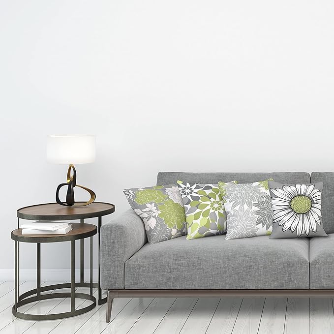 Ambesonne Floral Throw Pillow Cushion Case Pack of 4, Flower Petals Color Palette Chamomile Peony Dahlia and Sunflower, Accent Double-Sided Digital Printing, 18", Grey Pastel Green