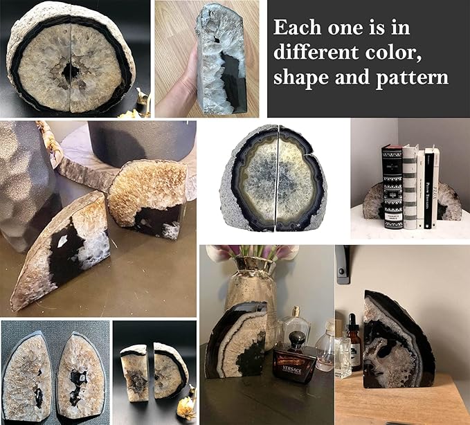AMOYSTONE Geode Bookends Heavy Duty AgateStone Bookend Decorative Large Crystal Quartz Book Natural Black with Rubber Bumpers(1 Pair, 6-8 LBS)