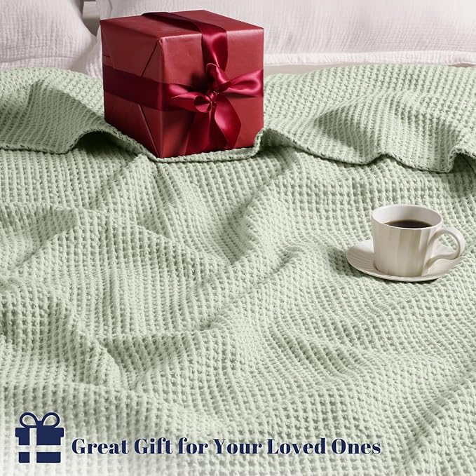 PHF 100% Cotton Waffle Weave Blanket Queen Size for Bed,Snag Proof Lightweight Breathable Moisture-Wicking Throw for Couch,Great for Layering in Cold Weather,Machine Washable, Home Decor-Sage Green