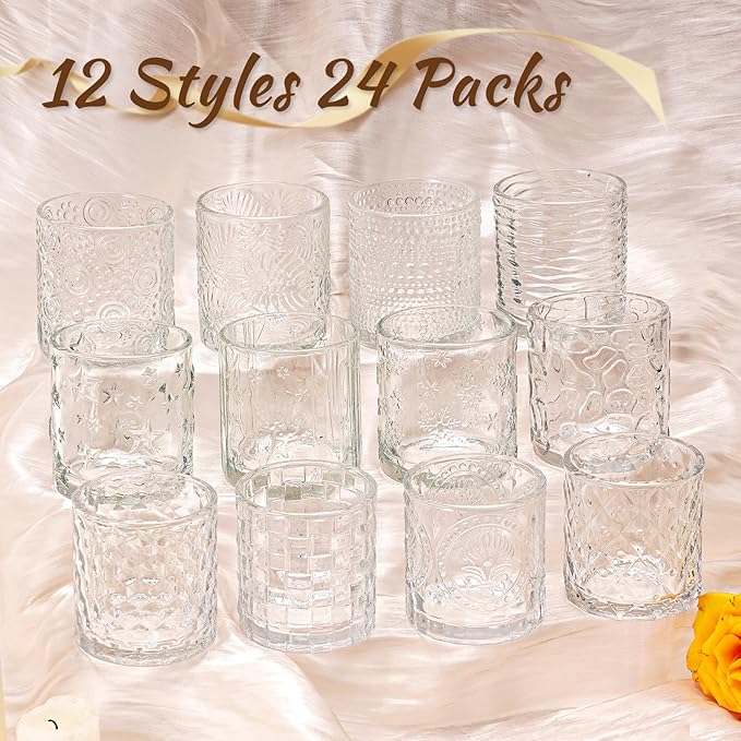 24pcs Assorted Votive Candle Holders - Clear Glass Tea Lights Candle Holder in Bulk, Tealight Candle Holder for Table Centerpiece Wedding Decor Home Decoration