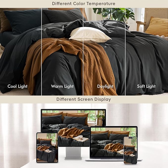 MooMee Bedding Duvet Cover Set 100% Washed Cotton Linen Like Textured Breathable Durable Soft Comfy (Solid Black, Queen 90"x90")