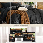 MooMee Bedding Duvet Cover Set 100% Washed Cotton Linen Like Textured Breathable Durable Soft Comfy (Solid Black, Queen 90"x90")