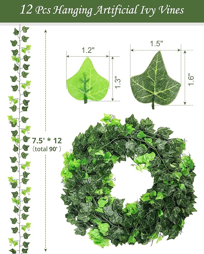 JACKYLED 90Ft 12 Pack Artificial Ivy Garland with 200 LED String Light, Fake Ivy Garland Vines with Deep Green and Light Green Leaves, Hanging Vines Fake Plants for Bedroom Garden Party Wall Decor