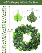 JACKYLED 90Ft 12 Pack Artificial Ivy Garland with 200 LED String Light, Fake Ivy Garland Vines with Deep Green and Light Green Leaves, Hanging Vines Fake Plants for Bedroom Garden Party Wall Decor