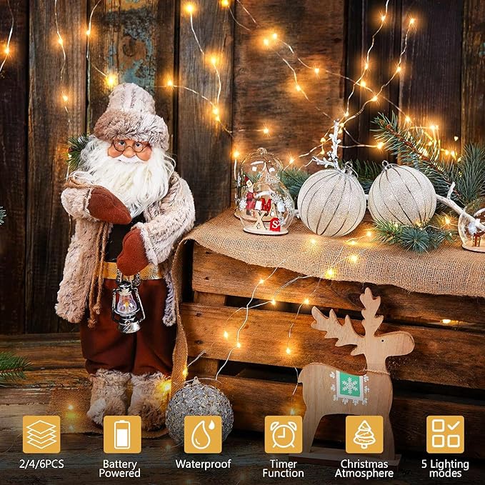 4 Pack Timer Fairy Lights Battery Operated 16.4Ft 50 LEDs Silver Copper Wire Christmas Twinkle Lights with 5 Lighting Modes for Indoor Outdoor Wedding Holiday Yard Decorations (Warm White)