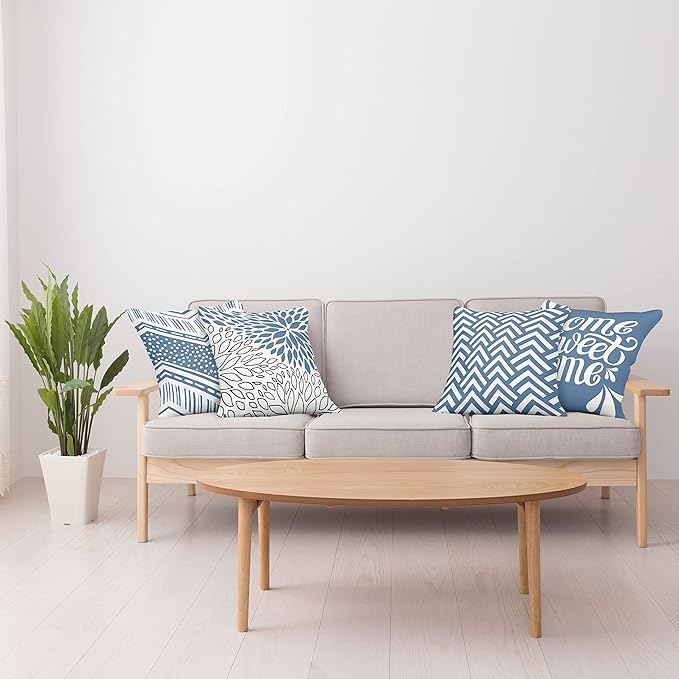 Ambesonne Geometric Throw Pillow Cushion Case Pack of 4, Home Phrase Minimal Zigzag Squama Dahlia Flower Petals Chevron Tribal, Modern Accent Double-Sided Digital Printing, 20", Slate Blue and White
