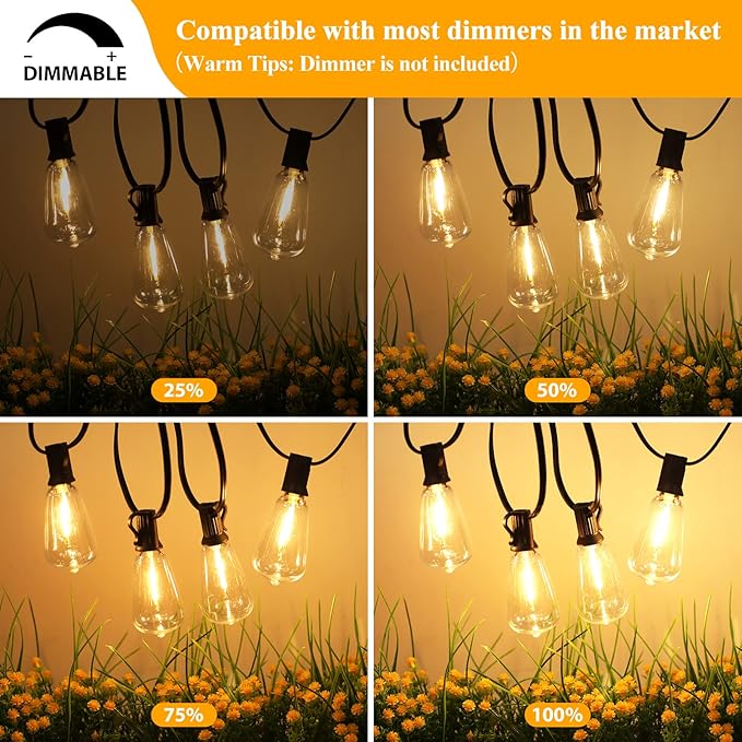 Brightever Outdoor String Lights, 25FT Patio Lights with 13 ST38 LED Edison Bulbs (1 Spare), Waterproof Connectable String Lights for Outside, Dimmable Hanging Light for Backyard Porch Decor, Black