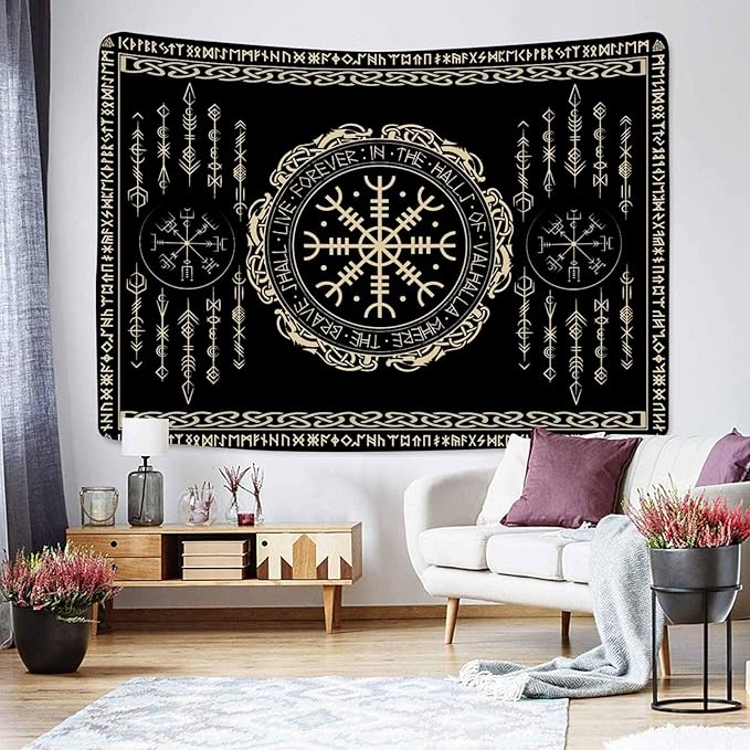 OSUNBD Nordic Vikings Tapestry Small 60x51inches Soft Flannel Vegvsir Symbol Amulet Celtic Rune Scandinavian Aesthetic Mythology Tapestry Wall Hanging for Bedroom Living Room Decor