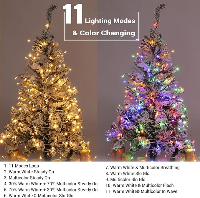 Brizled Color Changing Christmas Lights, 300 LED Christmas String Lights Connectable, 115ft 11 Modes Tree Lights Warm White & Multicolor Clear Wire Xmas Lights Remote for Xmas Party Home