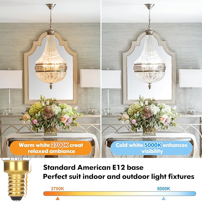 24-Pack Dimmable E12 LED Candelabra Bulbs, 40 Watt 5000K Daylight White LED Chandelier Light Bulbs, 4W 460 Lumen Vintage Flame Tip Candle Bulbs for lamp, Ceiling Fan, Home Decor