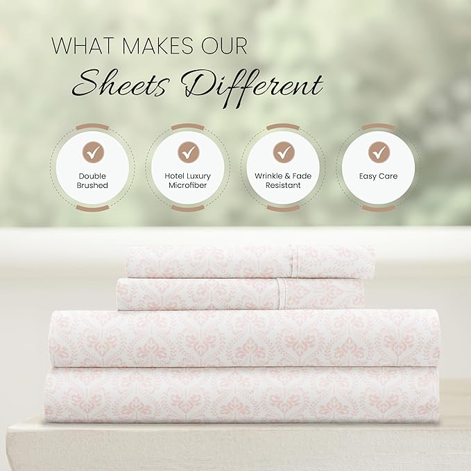 Linen Market Patterned Microfiber Full Sheet Set 4 Piece – Oeko-TEX Certified Ultra Soft & Wrinkle-Free - 16" Deep Pocket Sheets - Easy Care Full Size - Classic in Pink