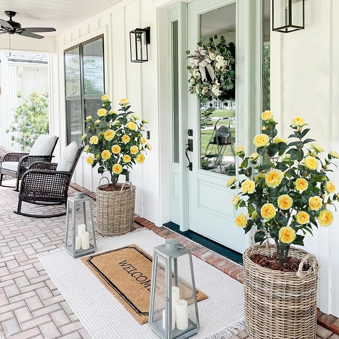 3.6FT Artificial Camellia Fake Tree, Artificial Plants & Flowers with 32 Yellow Flowers for Door Front Decoration Porch Patio Living Room Office Indoor Outdoor Decor (2PCS Contains Dried Moss)