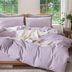 MooMee Bedding Duvet Cover Set 100% Washed Cotton Linen Like Textured Breathable Durable Soft Comfy (Heathered Light Purple, Twin 68"x90")