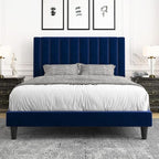 Allewie Full Platform Bed Frame/Velvet Upholstered Bed Frame with Vertical Channel Tufted Headboard/Strong Wooden Slats/Mattress Foundation/Box Spring Optional/Easy Assembly/Navy Blue