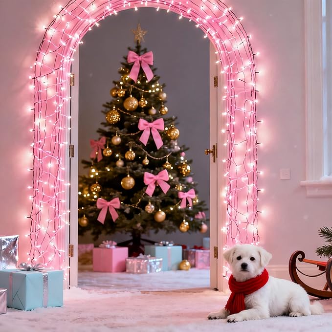 66Ft 200LED Pink Christmas Tree Lights Plug in,8 Modes Connectable Pink String Light Indoor Outdoor for Christmas Tree Bedroom Garden Decor (Clear Wire)