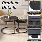 aboxoo Round Nesting Coffee Table Side Set of 2 End Tables for Living Room Bedroom Balcony,Black Faux Marble Wooden Table 23.6IN Accent Large Coffee Table with Steel Frame