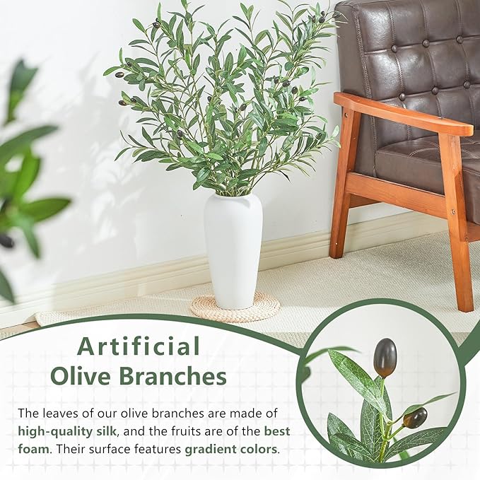 4 PCS 39 Inch Faux Olive Branches Artificial Flowers Greenery Stems Olive Tree Branch for Vase Filler Home Decor Indoor
