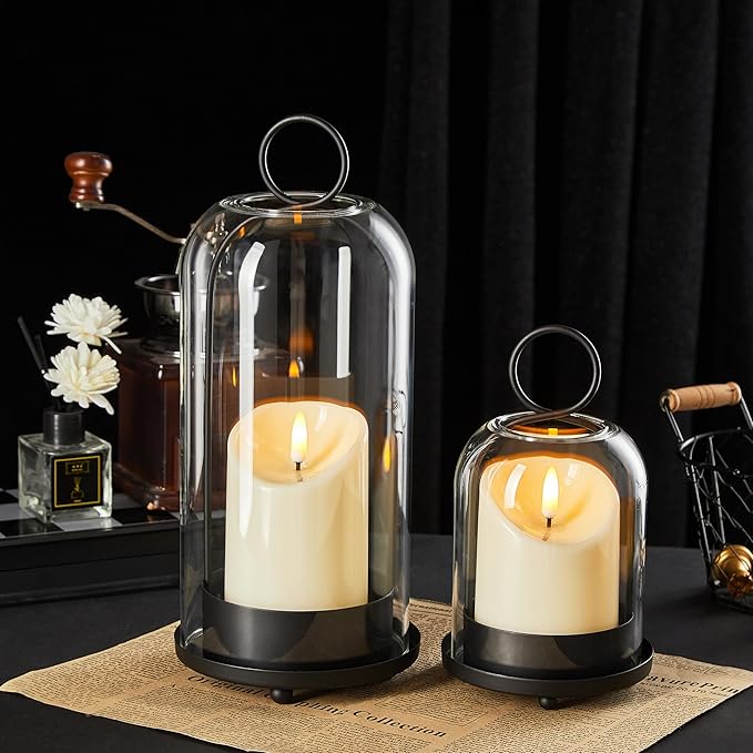 5"&4" Metal Candle Holder with Handmade Glass Dome in Brass & 2 Timer Candles, Set of 2 Versatile Hurricane Glass Candle Holders for Pillar Candles & Plants