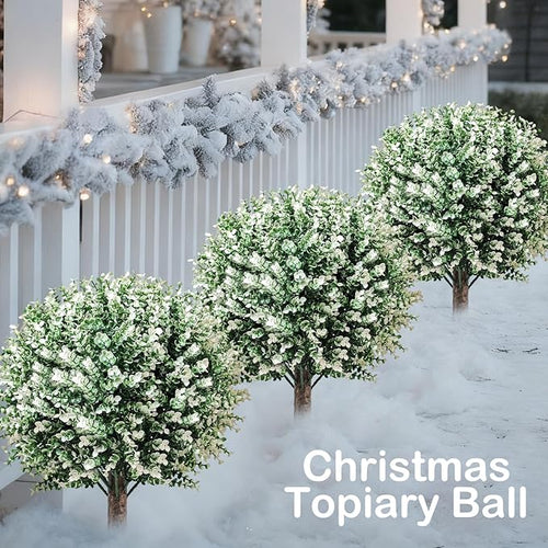 2 Pack White Artificial Christmas Tree, 24'' Outdoor Xmas Ball Tree,Fake Boxwood Topiaries with Spike,Faux Plants for Planters Urn Filler, Porch Potted Entrance Driveway Decor