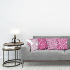 Ambesonne Vintage Throw Pillow Cushion Case Pack of 4, Monochrome Design Grid Trellis Quatrefoil Mesh and Dahlia Flowers Modern Print, Modern Accent Double-Sided Digital Printing, 18", Pink and White