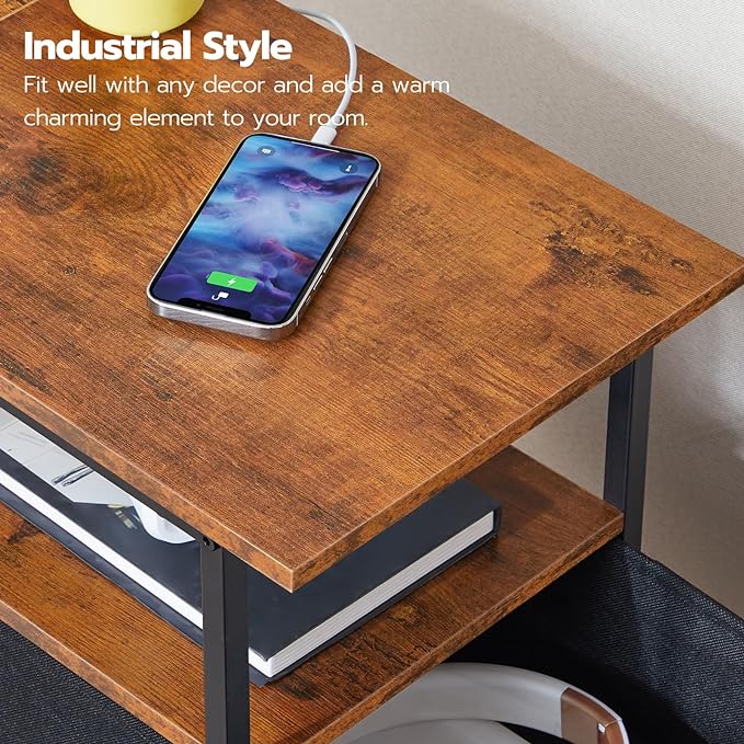 HOOBRO End Table with Charging Station, Set of 2 Narrow Side Tables, Nightstand with 2 Non-Woven Drawers, Slim Sofa Table, for Small Spaces, Living Room, Bedroom, Rustic Brown and Black BF486UBZP201