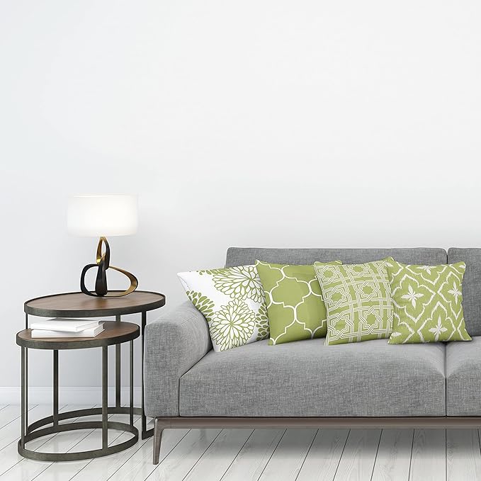 Ambesonne Vintage Throw Pillow Cushion Case Pack of 4, Monochrome Design Grid Trellis Quatrefoil Mesh and Dahlia Flowers Modern, Modern Accent Double-Sided Digital Printing, 16", Olive Green