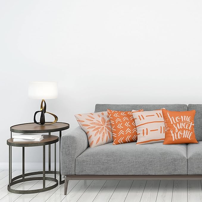 Ambesonne Modern Throw Pillow Cushion Case Pack of 4, Scandinavian Minimal Ornaments Boho Feather Leaves and Home Phrase, Modern Accent Double-Sided Digital Printing, 20", Pale Tan and Burnt Orange