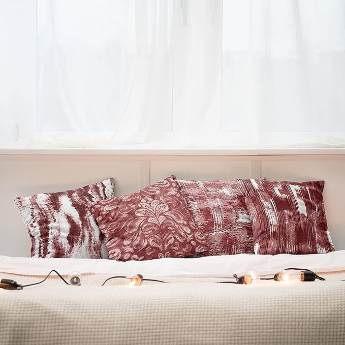 Ambesonne Vintage Throw Pillow Cushion Case Pack of 4, Abstract Grunge Effect Brushstrokes and Waving Striping Stains Paisley Drops, Modern Accent Double-Sided Digital Printing, 24", Maroon Rust White