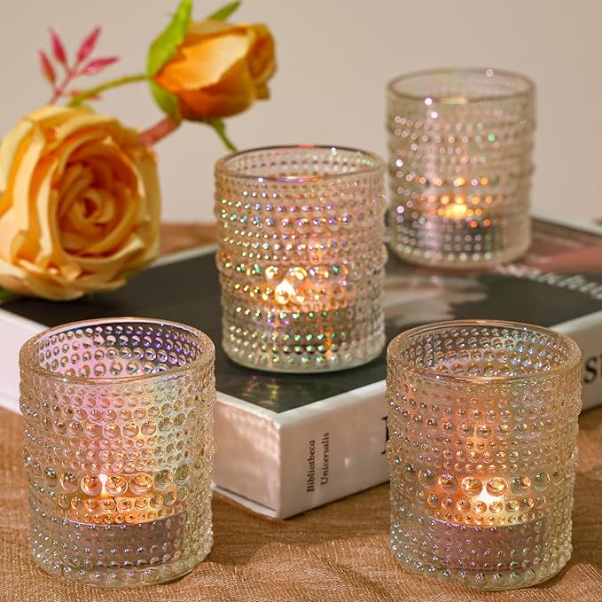 24 Pcs Votive Candle Holders, Iridescent Glass Holders Bulk for Table Centerpiece, Tea Lights Candle Holders for Wedding Shower, Party and Home Decor